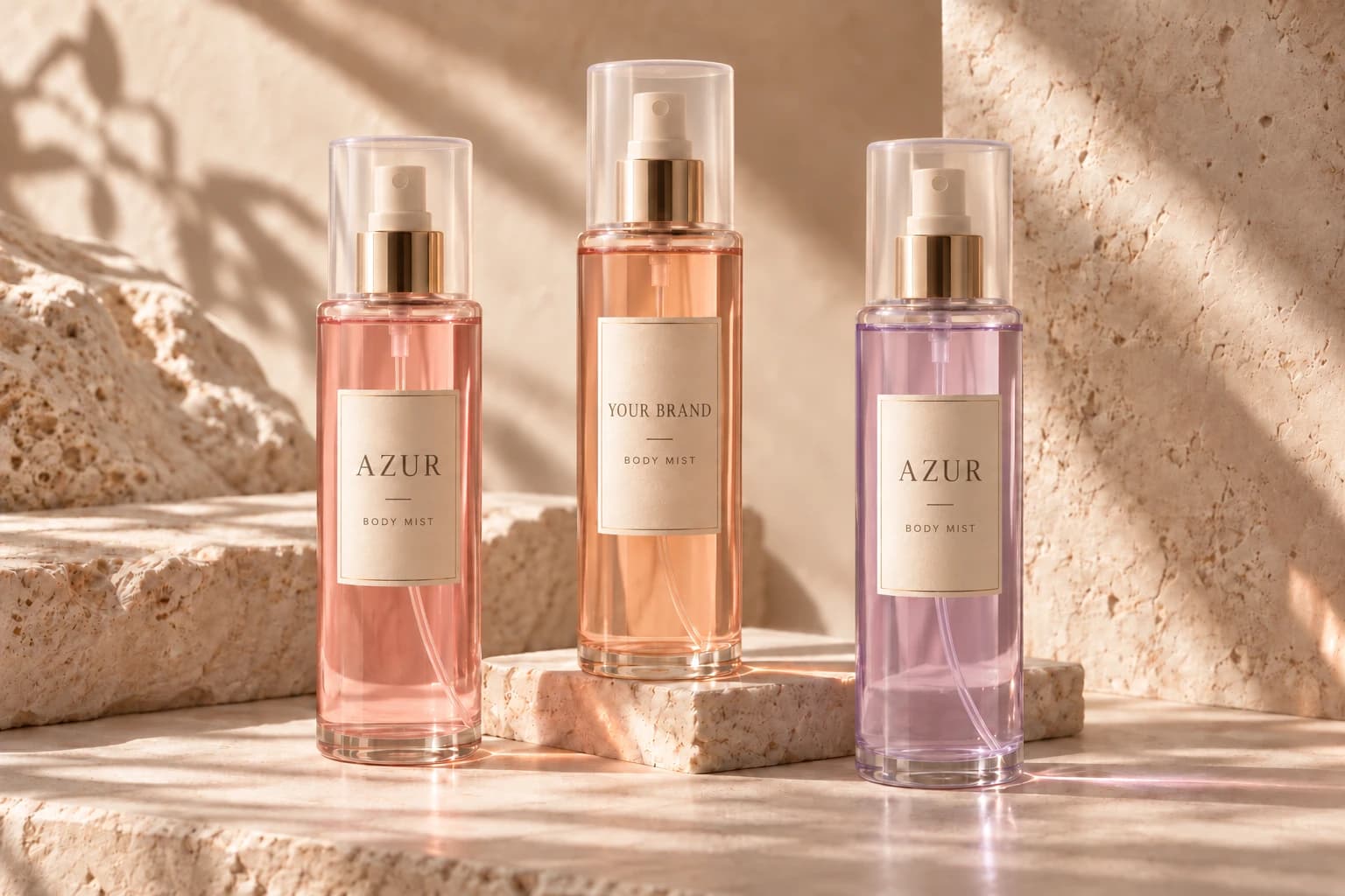 Body mist concepts in pink, peach and lavender with fine mist pumps