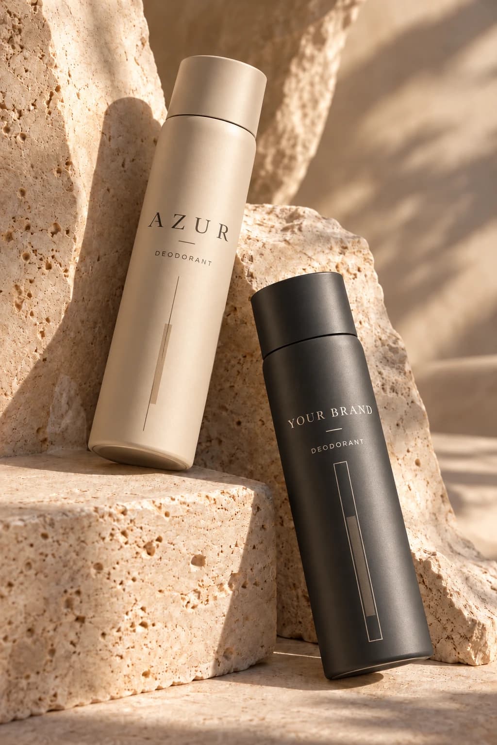 Deodorant packaging concepts displaying Azur and Your Brand in sand and charcoal