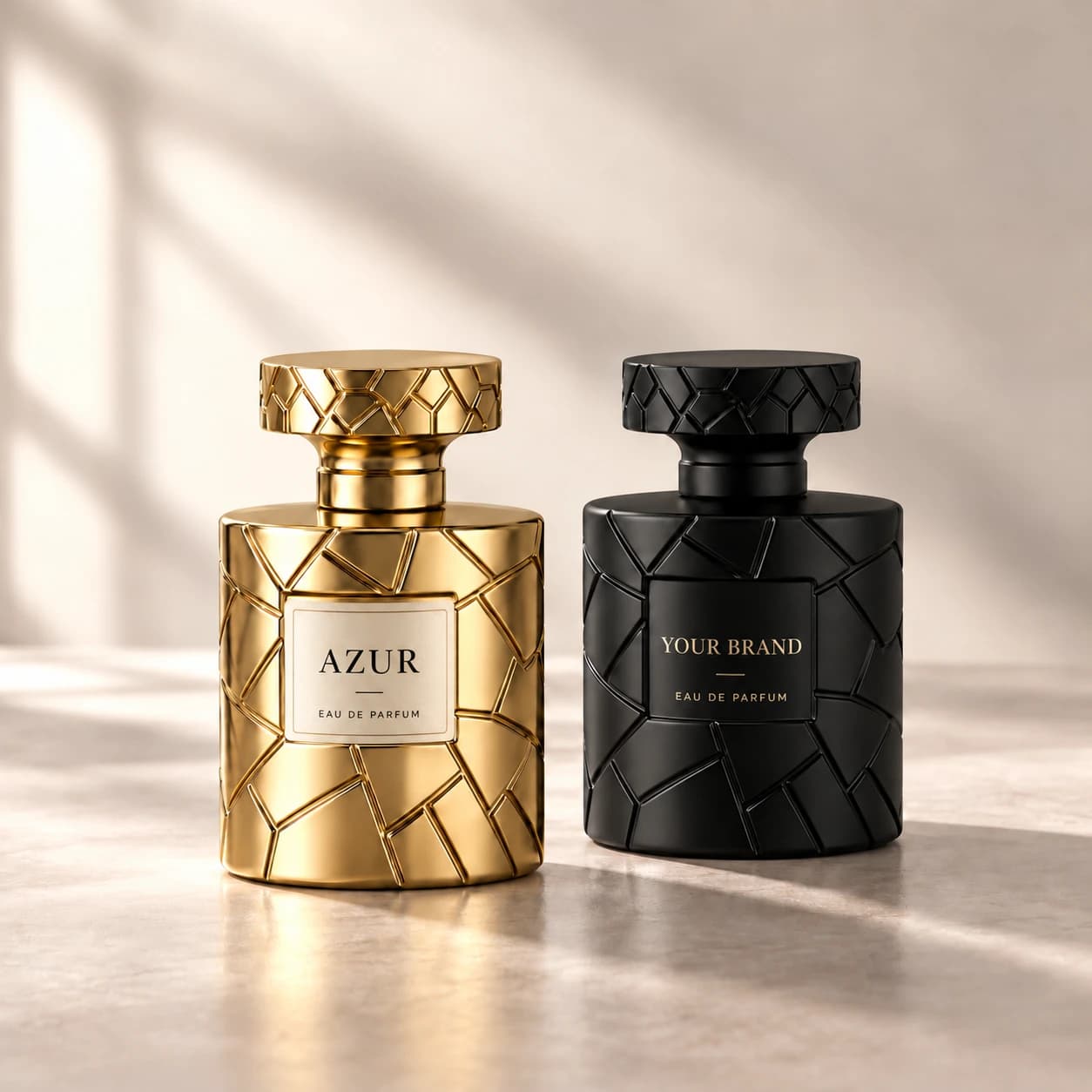 Gold and black perfume packaging with Azur and Your Brand artwork