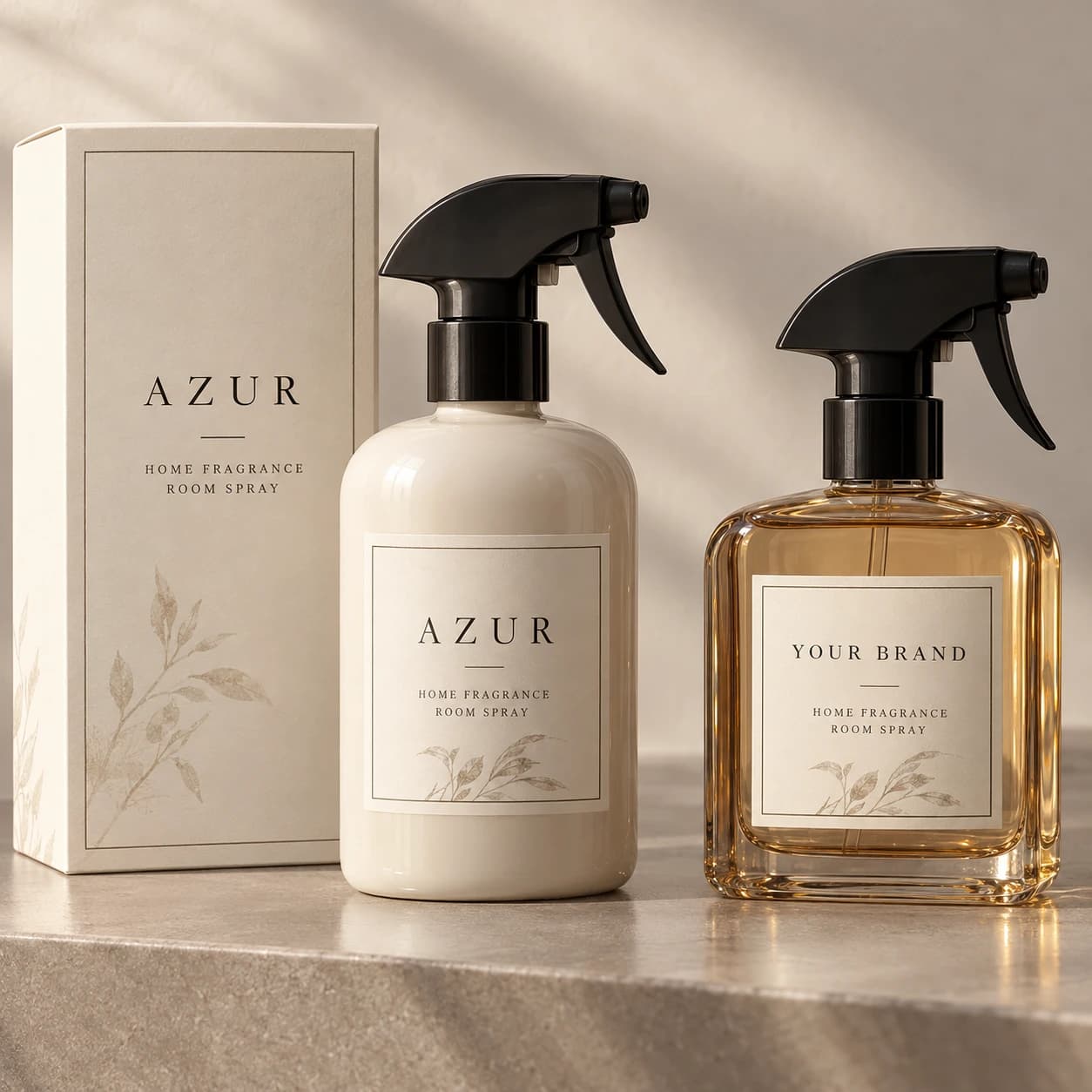 Amber and ivory room sprays with trigger pumps and matching outer packaging
