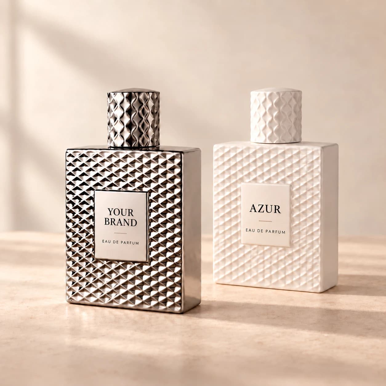 White and silver textured perfume bottles and Azur or Your Brand artwork