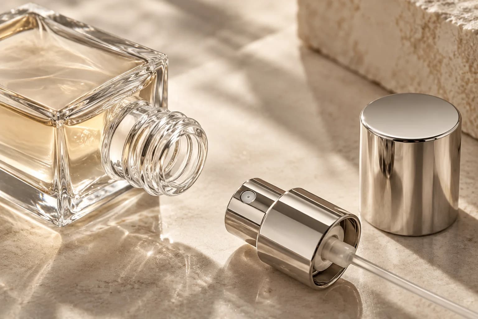 Close inspection of fragrance glass, sprayer and cap components