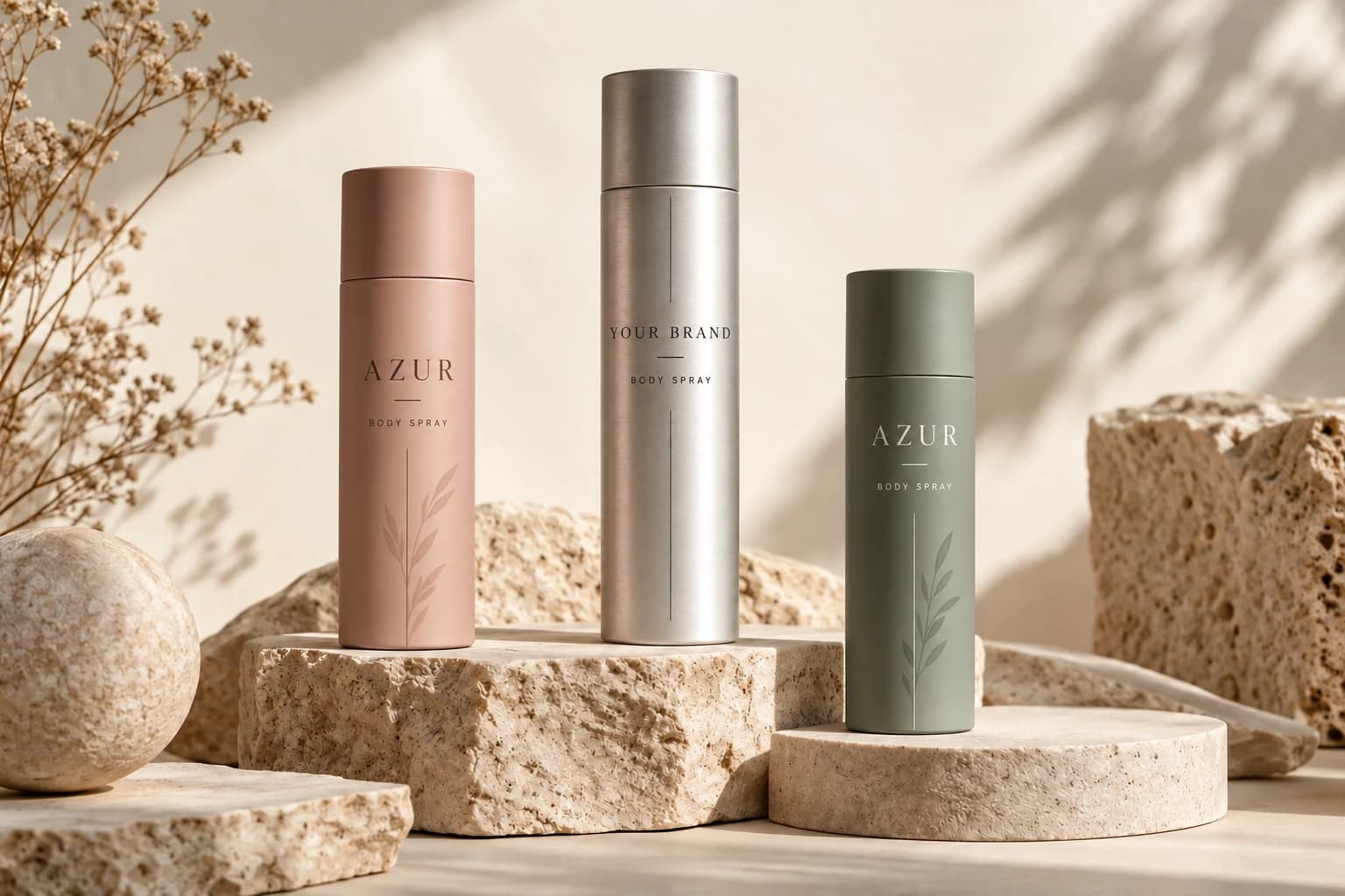 Silver, clay pink and sage deodorant packaging