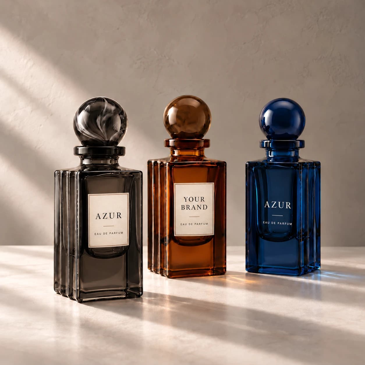 Smoke, amber and blue perfume bottles with round caps and Azur or Your Brand artwork
