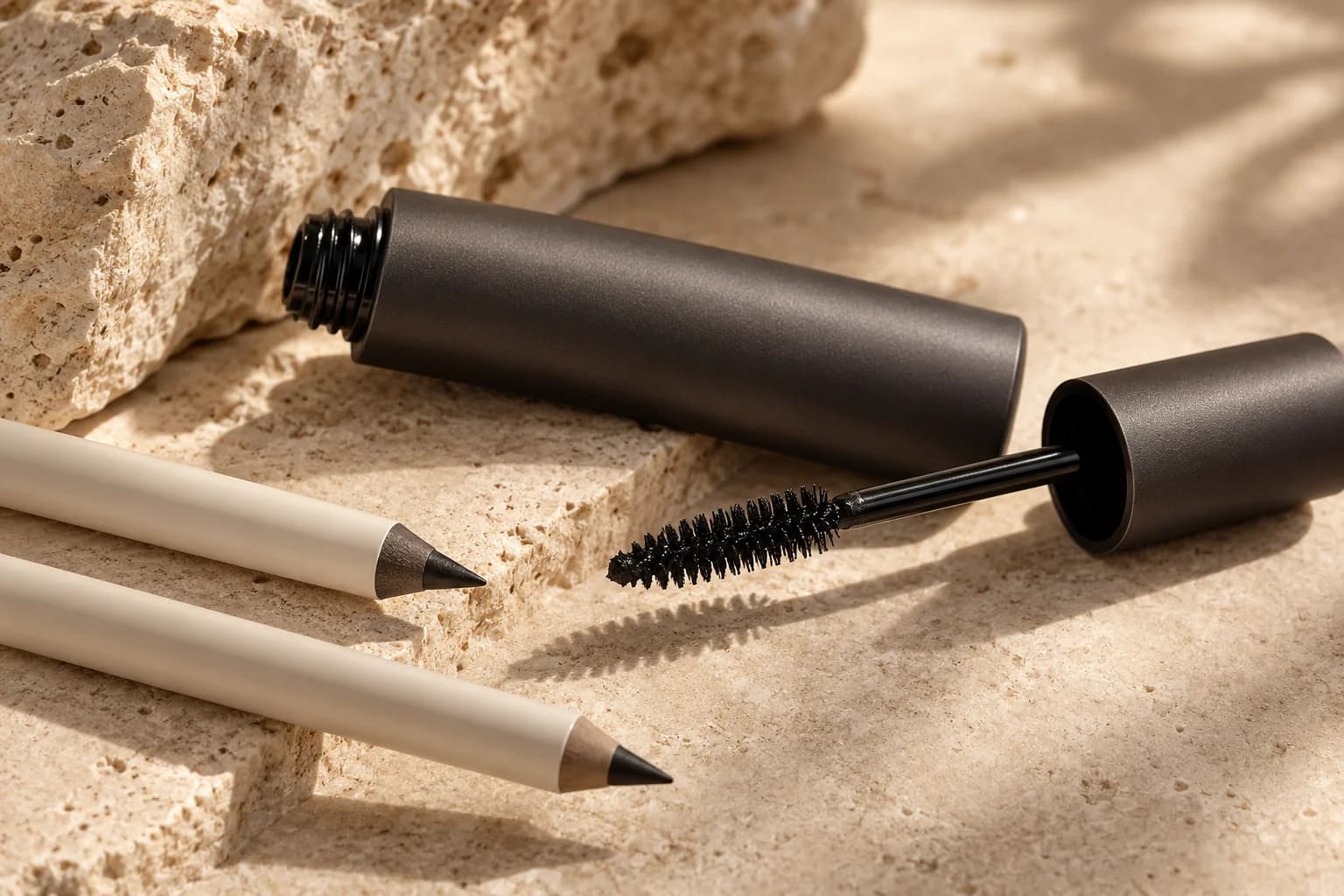 Mascara tube with spoolie and fine eyeliner pencils