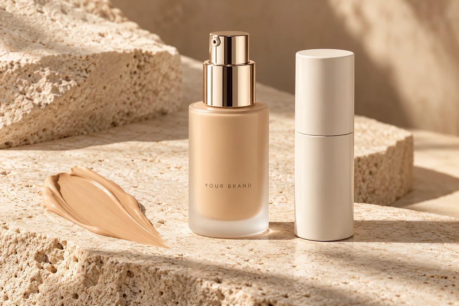 Foundation bottle and stick showing different product and packaging formats