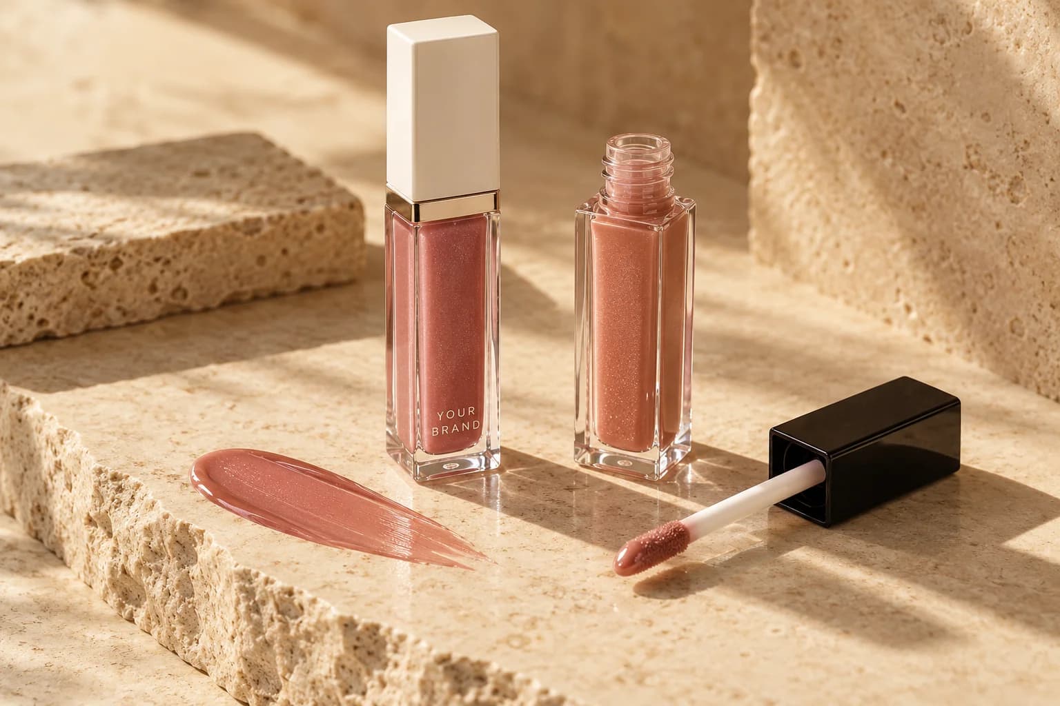 Rose and nude lip gloss tubes with an applicator