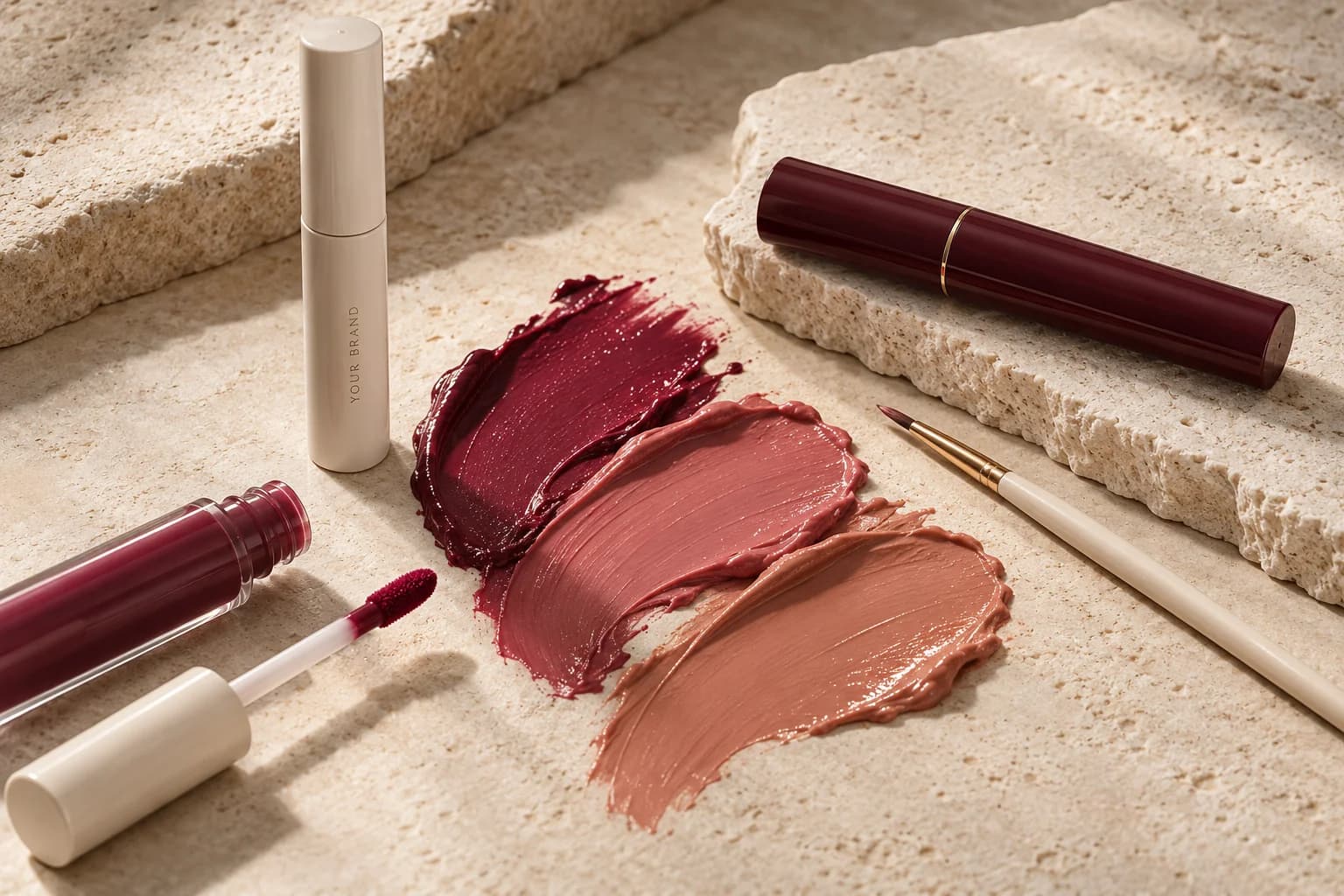 Lip color textures and ivory and burgundy make-up packaging