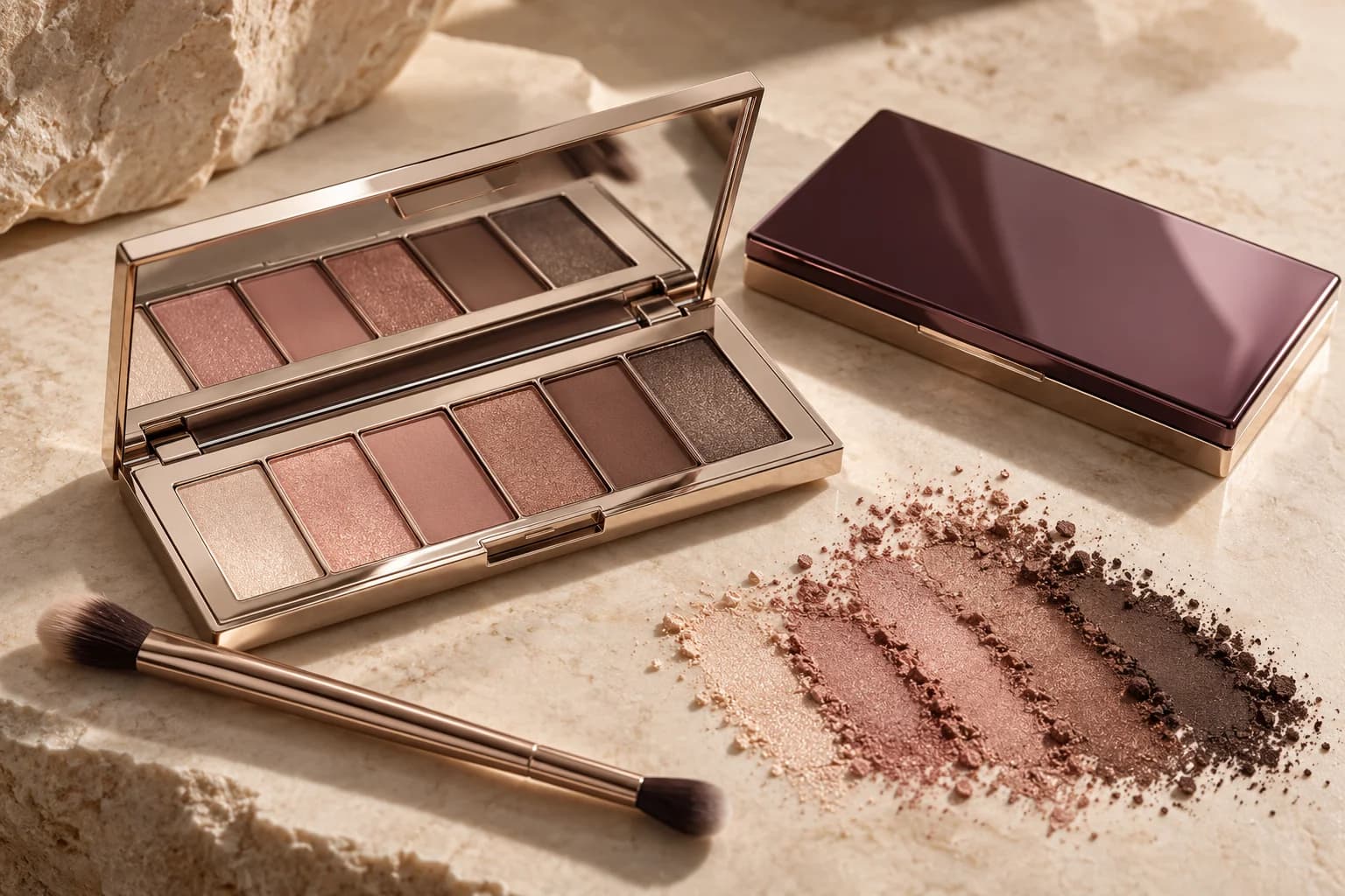 Champagne eyeshadow palette with rose, nude and brown pigment textures