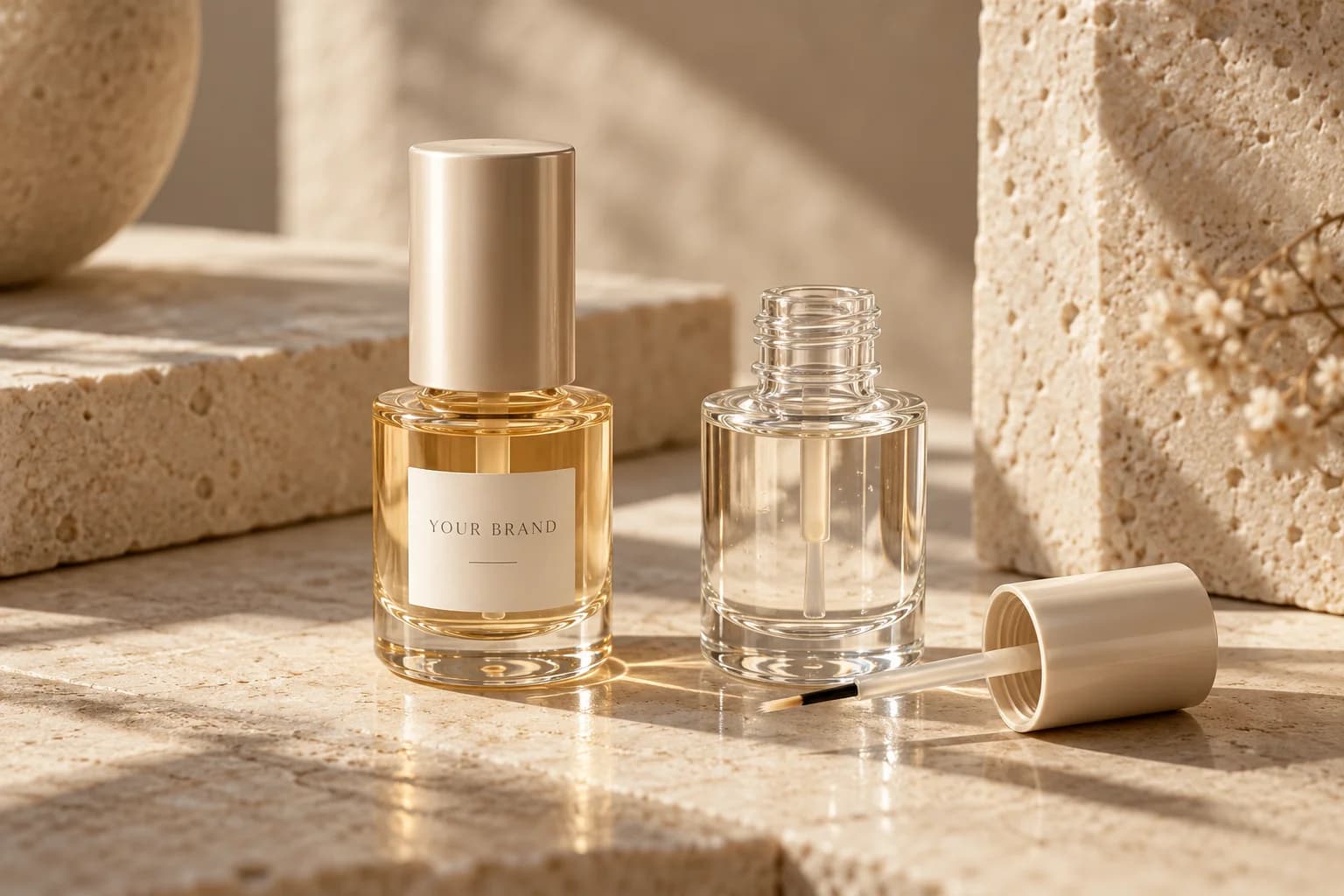 Clear nail care oil bottles with fine brush components
