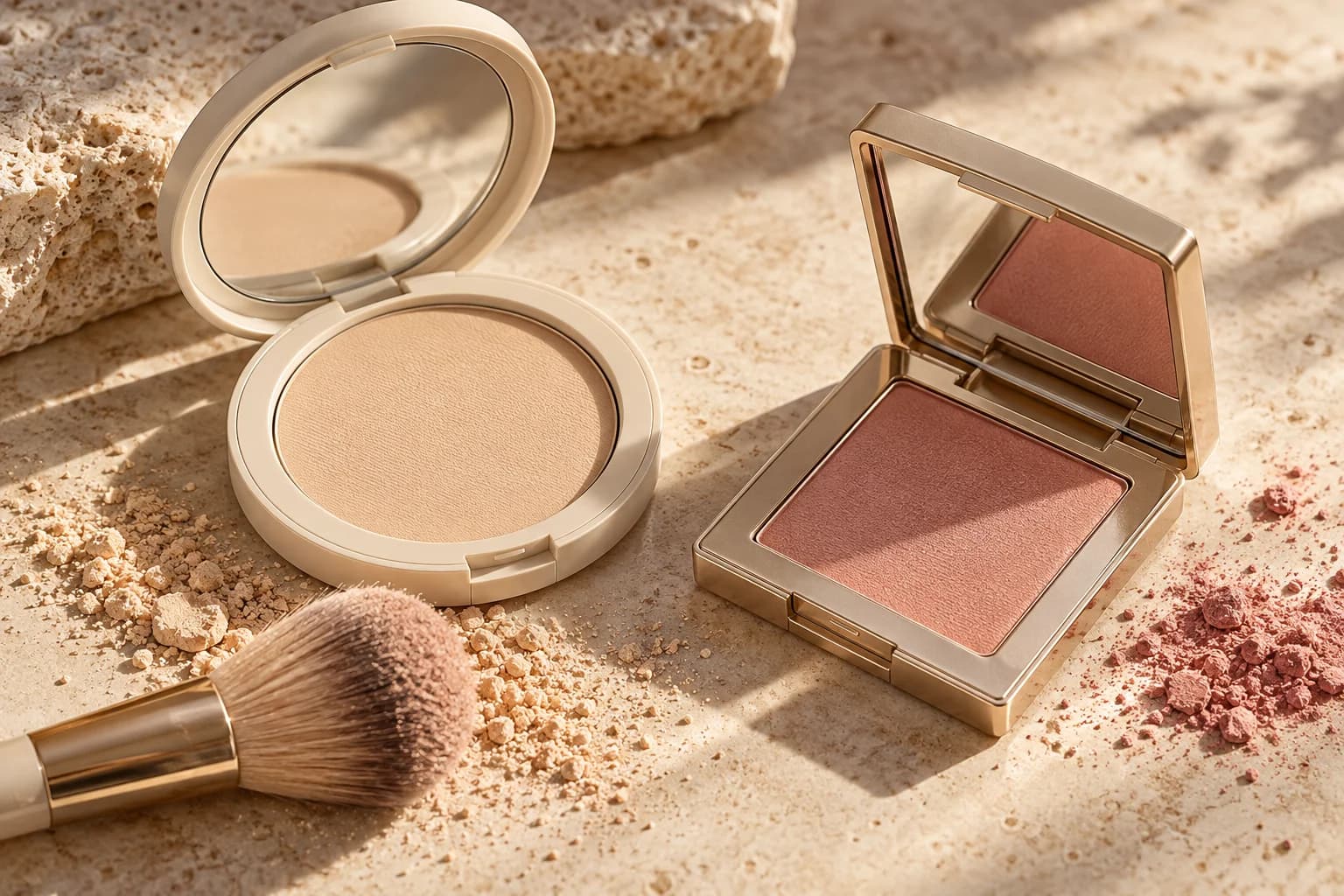 Ivory face powder and champagne blush compacts with soft powder textures